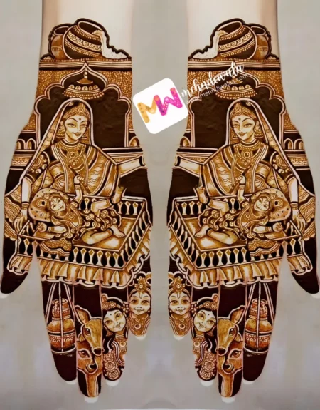 madhubani-figure-baby-krishna-with-mother-matki-with-makhan-cow-latest-mehndi design