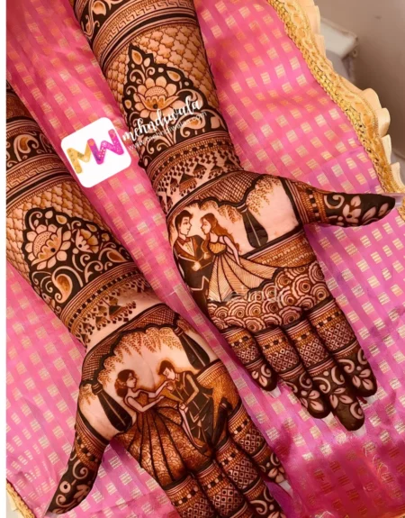 madhubani-figure-couple-flowers-leaves-engagement-mehndi design