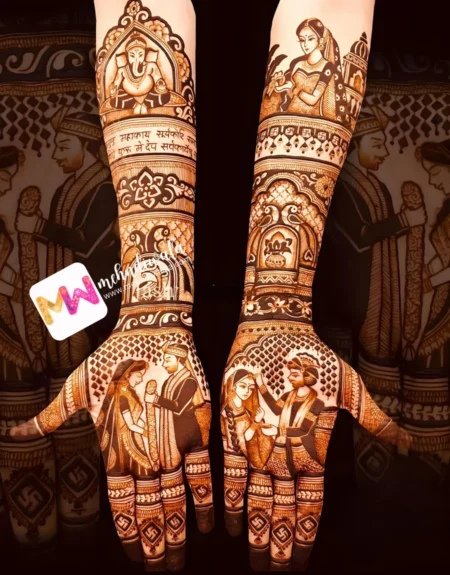 madhubani-figure-bridegroom-ganesh-ji-kalash-chhatri-bell-peacock-flowers-bridal-mehndi design