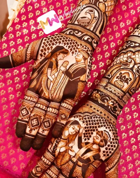 madhubani-figure-bridegroom-kalash-dhol-shehnai-peacock-bridal-mehndi design