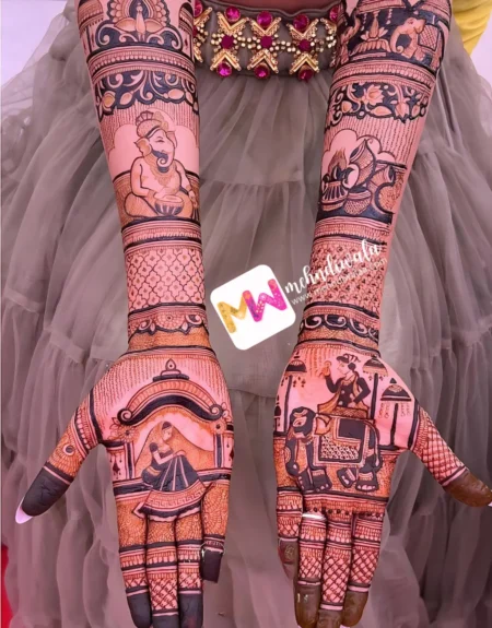 madhubani-figure-bridegroom-ganesh-ji-peacock-elephant-dhol-shehnai-dolly-chhatri-flowers-bridal-mehndi design