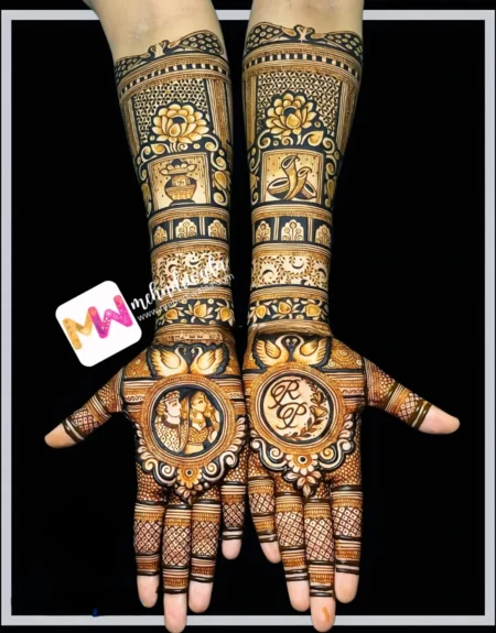 madhubani-figure-bridegroom-peacock-flowers-kalash-dhol-shehnai-hans-checks-bridal-mehndi design