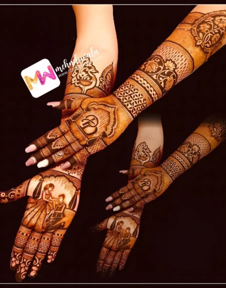 madhubani-figure-couple-peacock-flowers-engagement-mehndi design