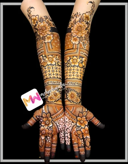 madhubani-flowers-leaves-checks-anniversary-mehndi design