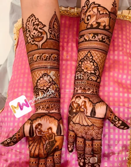 madhubani-figure-couple-elephant-peacock-flowers-engagement-mehndi design