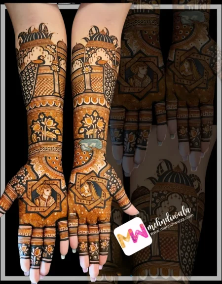 madhubani-figure-bride-groom-peacock-chhatri-flowers-latest-mehndi design