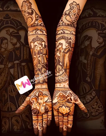 madhubani-figure-bride-groom-peacock-elephant-ganesh-ji-kalash-dhol-shehnai-latest-mehndi design
