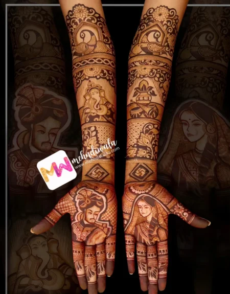 madhubani-figure-bride-groom-peacock-ganesh-ji-kalash-dhol-shehnai-flowers-design