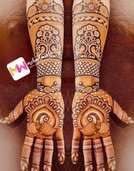 madhubani-peacock-flowers-checks-leaves-anniversary-mehndi design