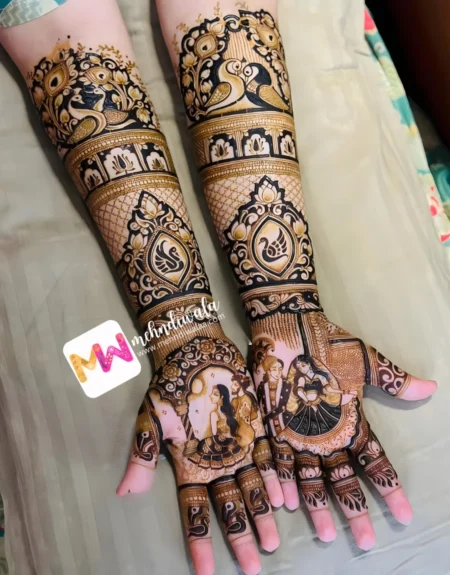madhubani-figure-couple-radha-krishna-peacock-hans-flowers-bridal-mehndi design