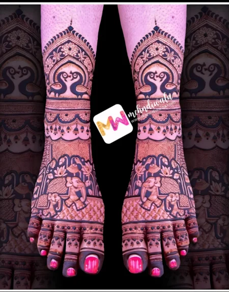 madhubani-elephant-peacock-bell-flowers-figure-foot-mehndi design