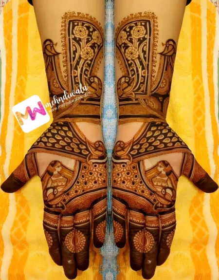 madhubani-figure-woman-peacock-flowers-bridal-figure-mehndi design