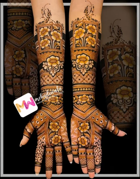 madhubani-flowers-leaves-figure-birthday-mehndi design