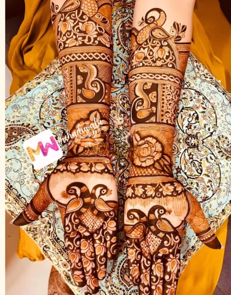 madhubani-peacock-flowers-leaves-figures-birthday-mehndi design