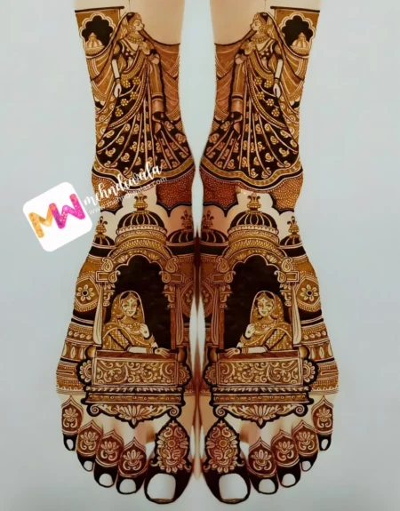 figure-woman-chhatri-dolly-flowers-foot-mehndi design