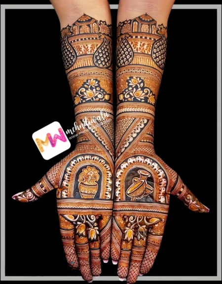 madhubani-peacock-chhatri-kalash-dhol-shehnai-flowers-leaves-anniversary-mehndi design