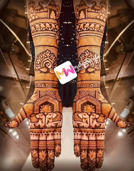 madhubani-peacock-elephant-chhatri-lotus-figure-birthday-mehndi design