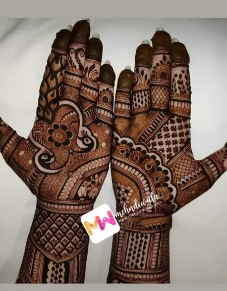 madhubani-peacock-flowers-checks-leaves-anniversary-mehndi design