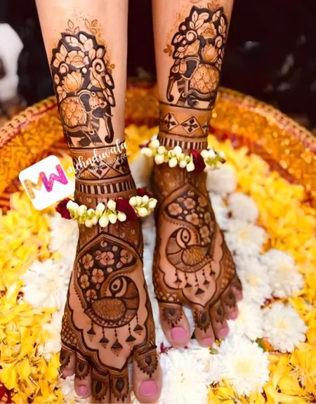 madhubani-flowers-leaves-elephant-peacock-jhumki-anniversary-mehndi design