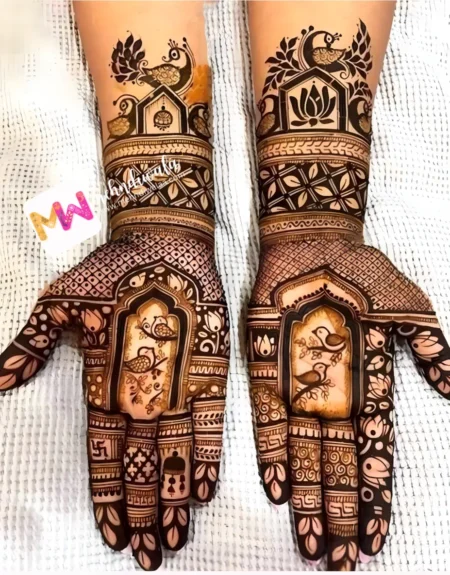 madhubani-peacock-lotus-jhumki-bird-puja-functions-mehandi design