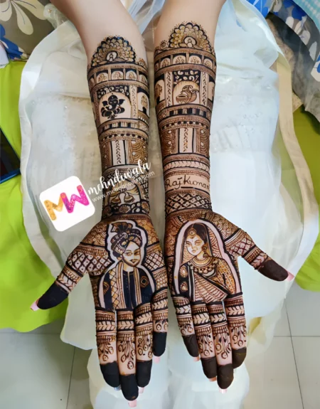 madhubani-figure-bridegroom-ganesh-ji-peacock-dhol-shehnai-bridal-mehandi design