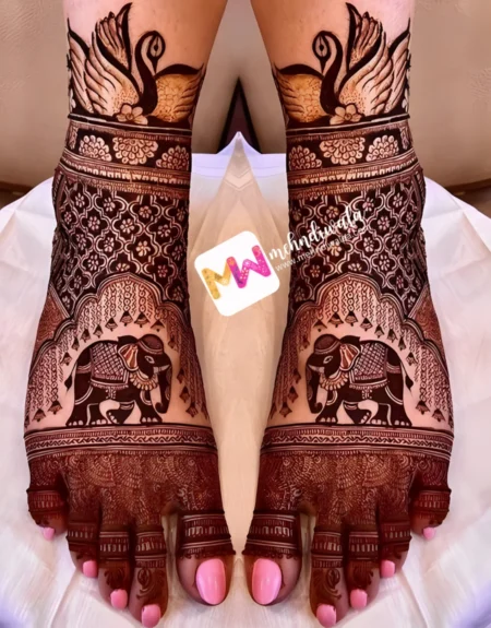 madhubani-hans-elephant-figure-bell-checks-engagement-festival-mehandi design