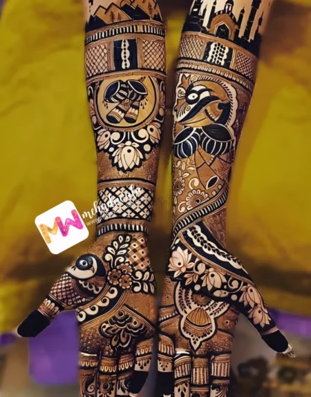 madhubani-mahal-minar-mountain-dholshehnai-peacock-figure-flowers-jhumki-mehandi design
