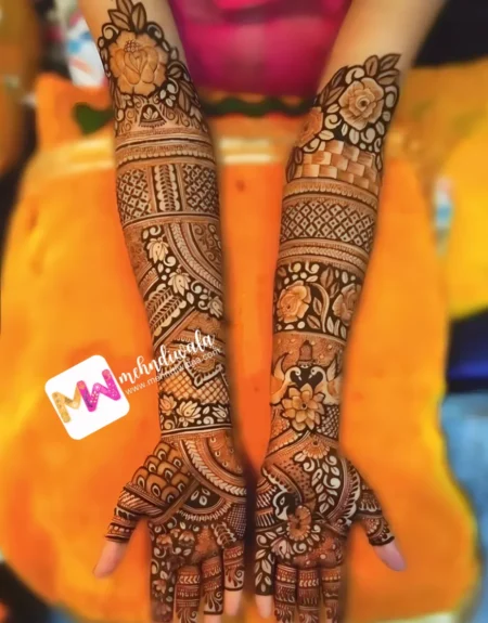madhubani-flowers-leaves-engagement-mehandi design