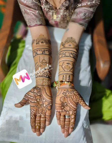 madhubani-flowers-jhumki-leaves-figure-engagement-mehandi design