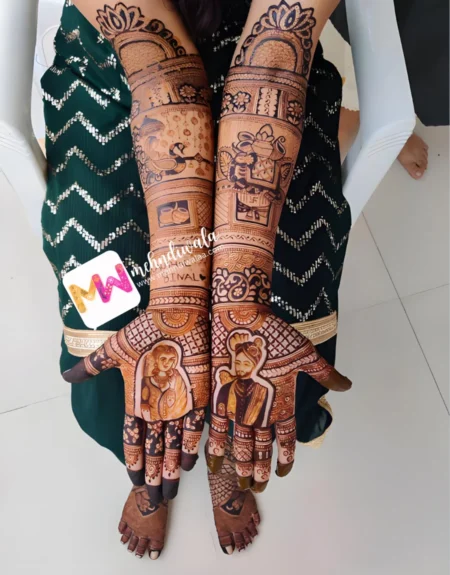 madhubani-figure-bride-groom-dhol-shehnai-peacock-flowers-bridal-mehendi design