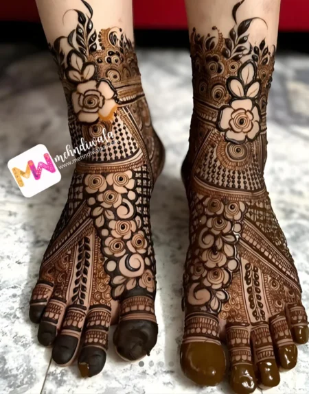 3d-flowers-leaves-engagement-foot-mehendi design