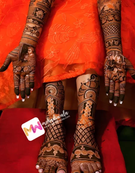 madhubani-figure-bride-groom-peacock-flowers-bridal-mehendi design