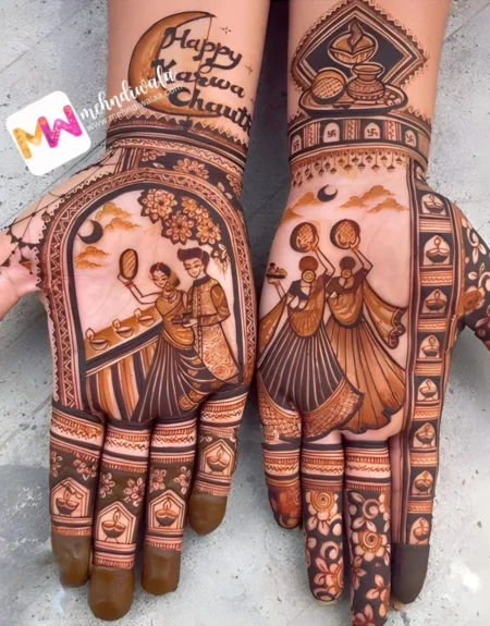 madhubani-figure-husband-wife-puja-thali-dipak-square-shape-puja-functions-mehendi design