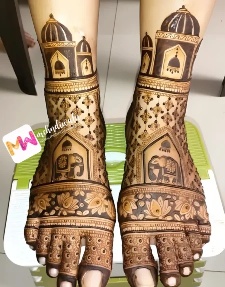 madhubani-mahal-of-chhatri-jhumki-elephant-flowers-baby-shower-mehendi design